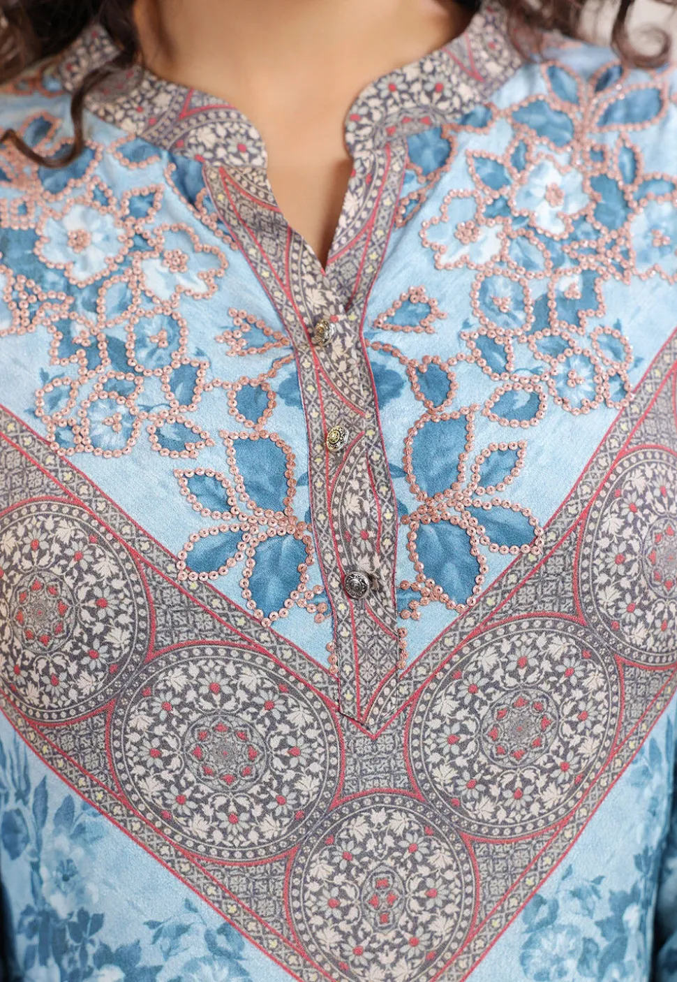 Digital Printed Crepe Straight Kurta Set in Sky Blue