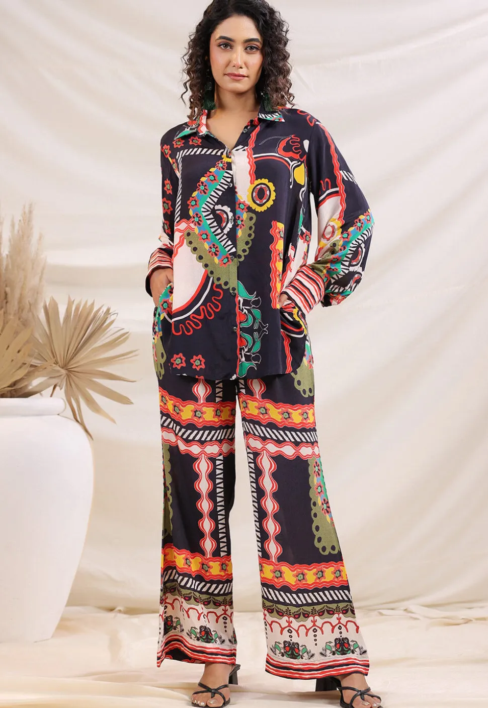 Digital Printed Crepe Top Set in Navy Blue