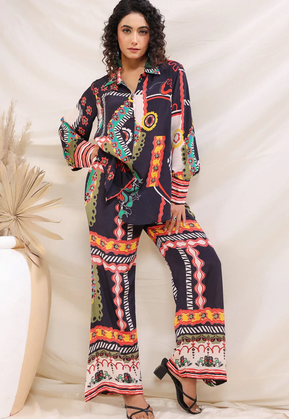 Digital Printed Crepe Top Set in Navy Blue