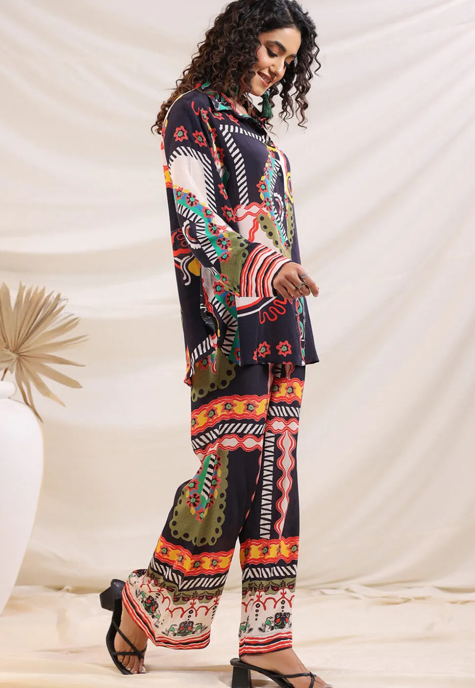 Digital Printed Crepe Top Set in Navy Blue
