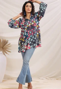Digital Printed Crepe Top in Dark Blue