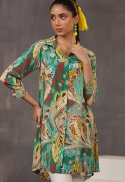 Digital Printed Crepe Tunic in Green and Multicolor