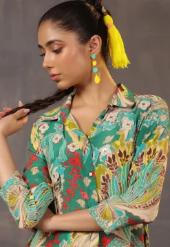 Digital Printed Crepe Tunic in Green and Multicolor
