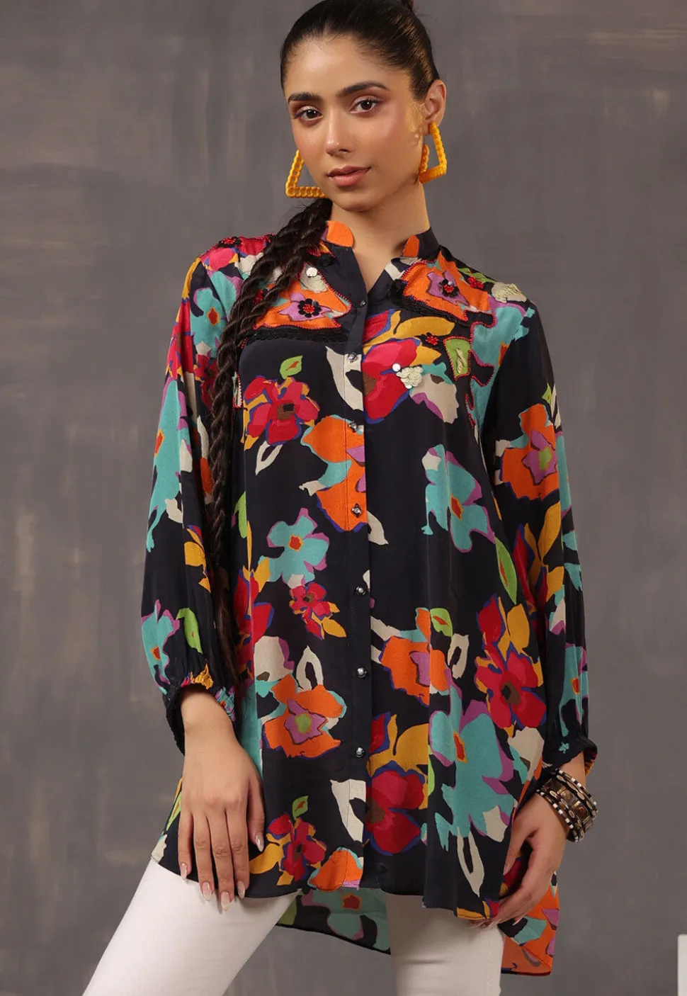 Digital Printed Crepe Tunic in Black