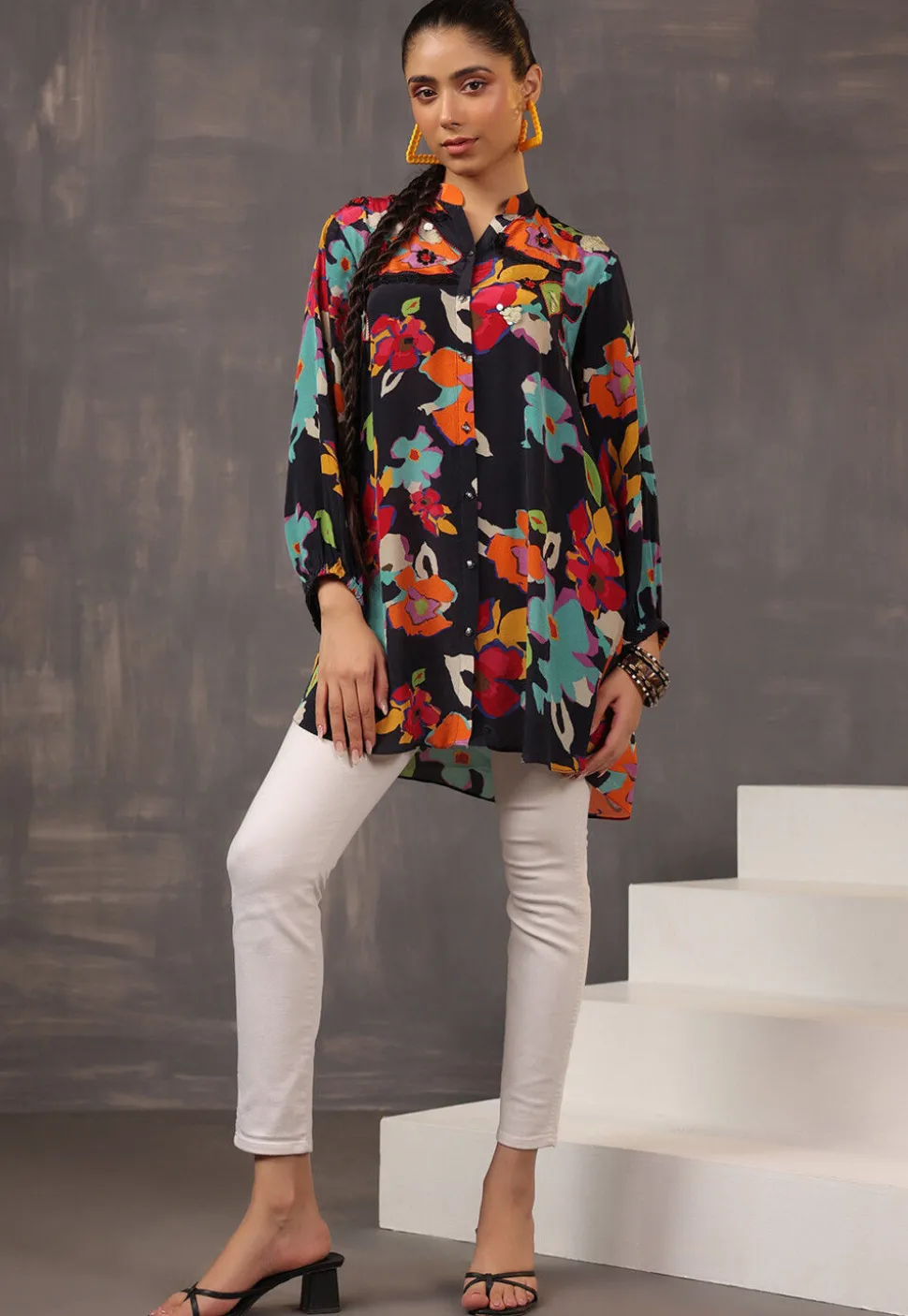 Digital Printed Crepe Tunic in Black