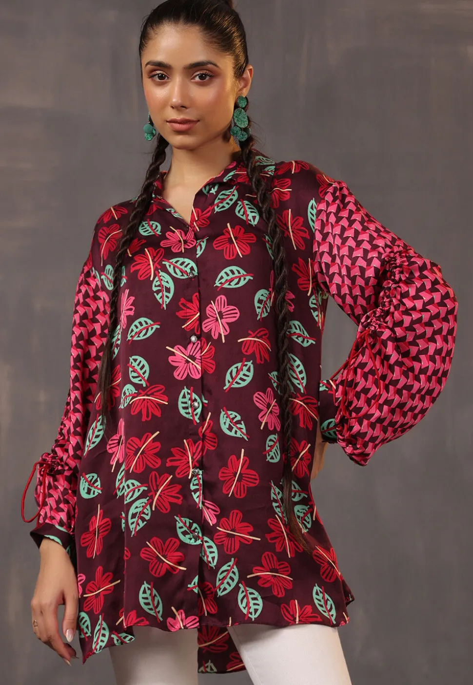 Digital Printed Crepe Tunic in Wine