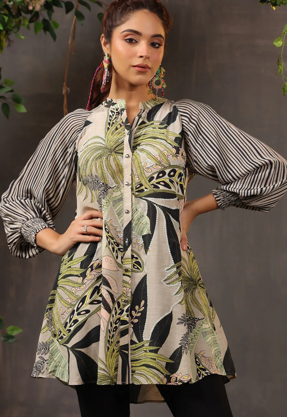 Digital Printed Crepe Tunic in Light Fawn