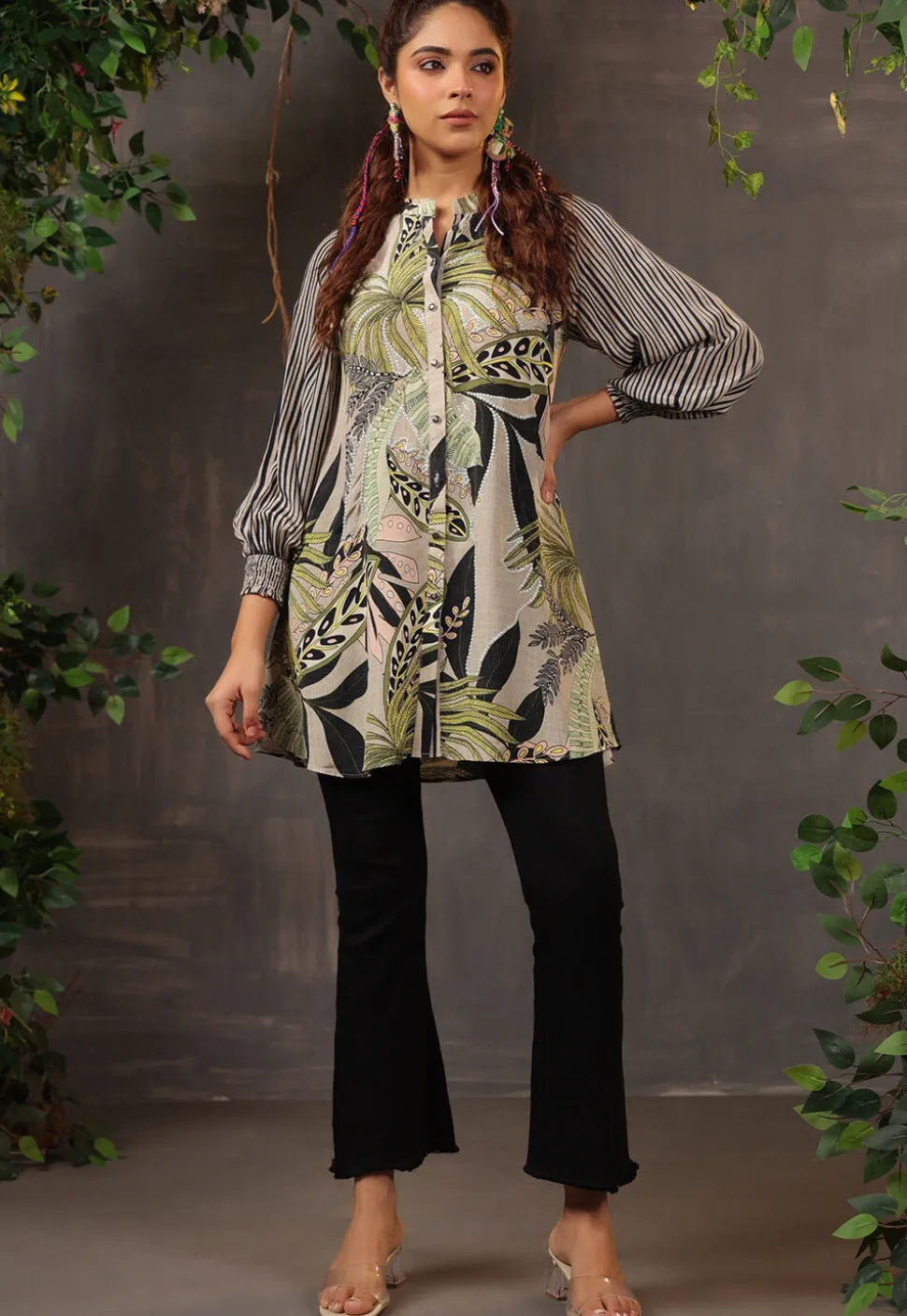 Digital Printed Crepe Tunic in Light Fawn