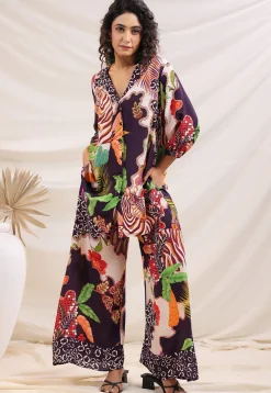 Digital Printed Crepe Tunic Set in Violet