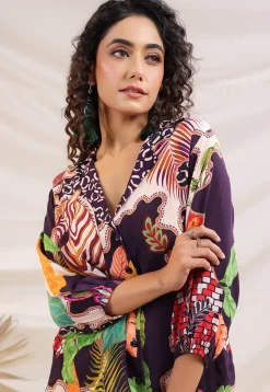 Digital Printed Crepe Tunic Set in Violet
