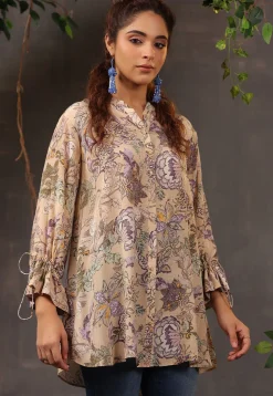 Digital Printed Crepe Tunic in Light Beige
