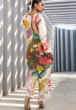 Digital Printed Crepe Tunic Set in White and Multicolor