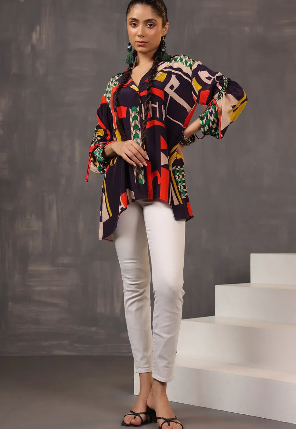 Digital Printed Crepe Tunic in Black
