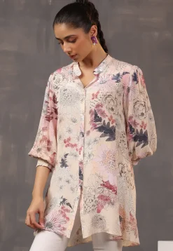 Digital Printed Crepe Tunic in Light Beige