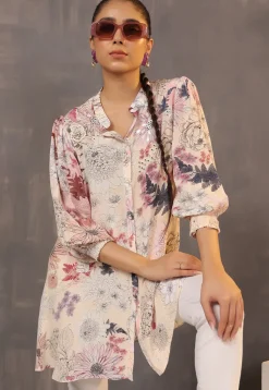 Digital Printed Crepe Tunic in Light Beige
