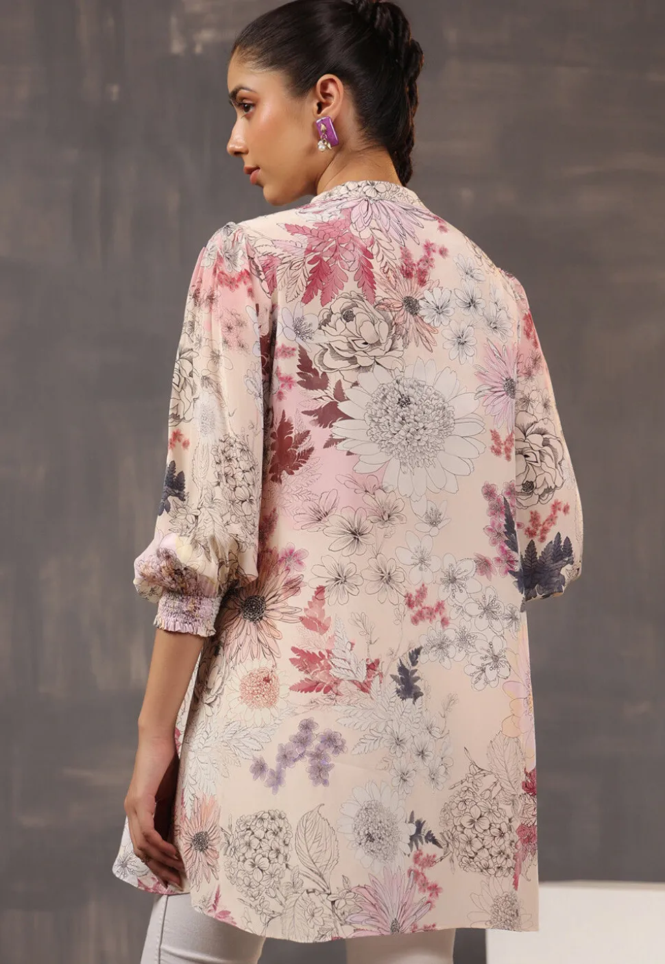 Digital Printed Crepe Tunic in Light Beige