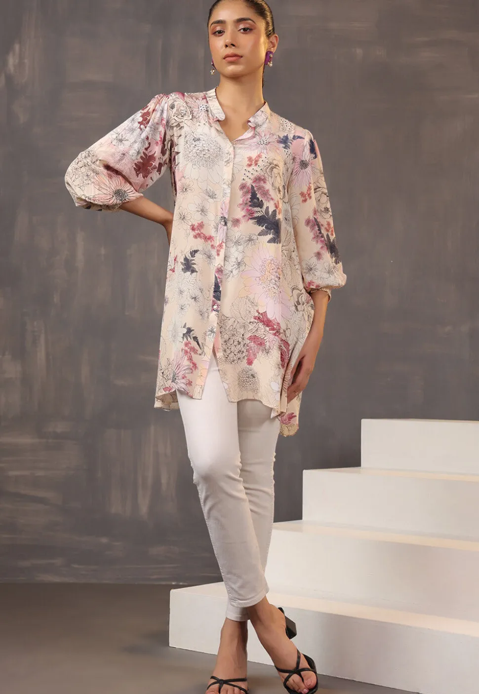 Digital Printed Crepe Tunic in Light Beige