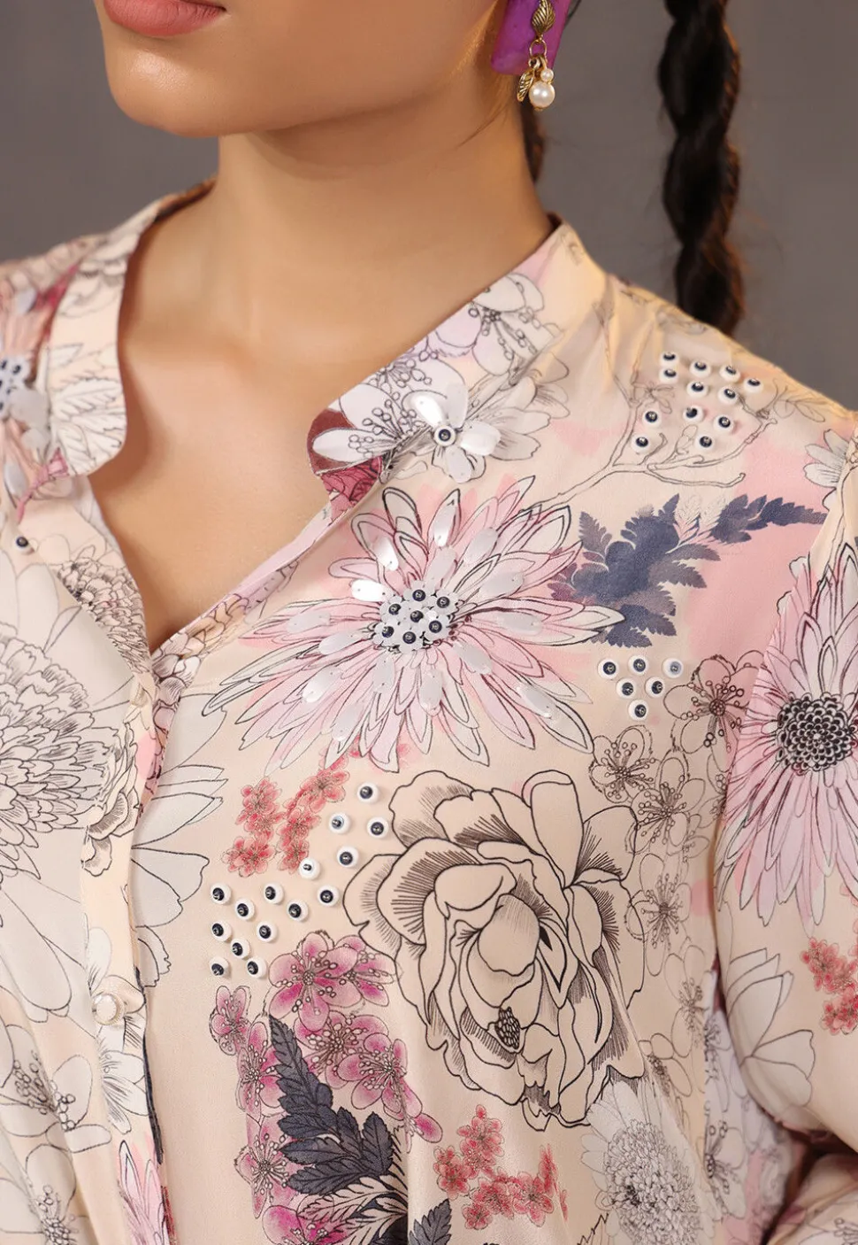Digital Printed Crepe Tunic in Light Beige