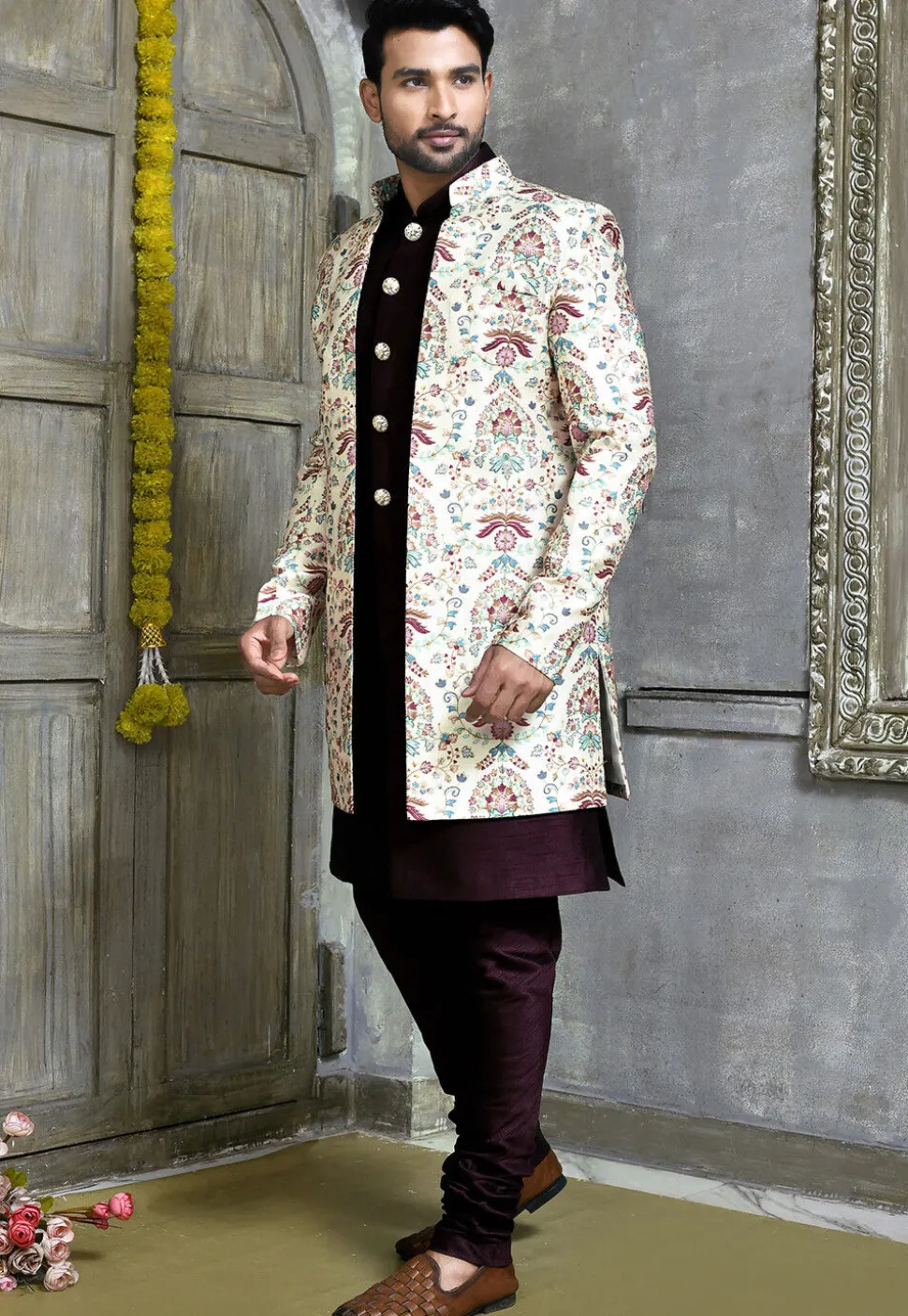 Digital Printed Dupion Silk Sherwani in Wine