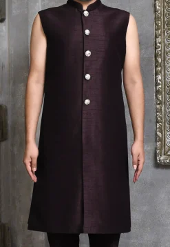 Digital Printed Dupion Silk Sherwani in Wine