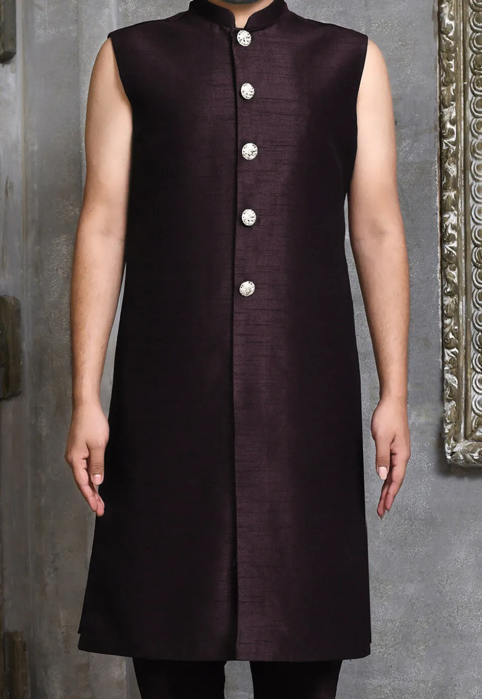 Digital Printed Dupion Silk Sherwani in Wine