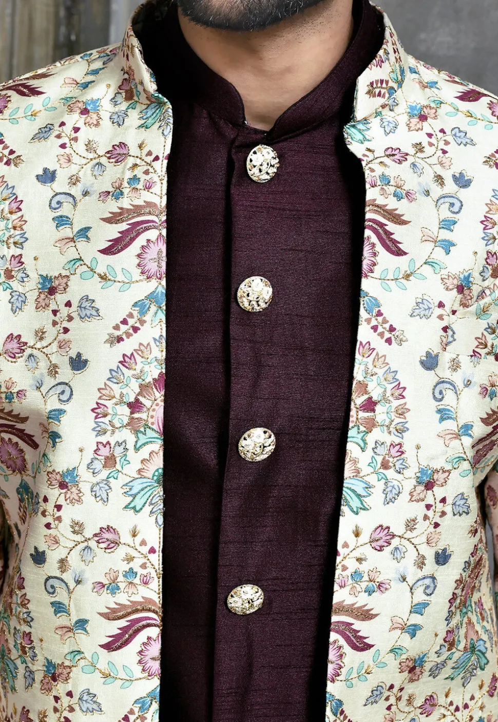 Digital Printed Dupion Silk Sherwani in Wine