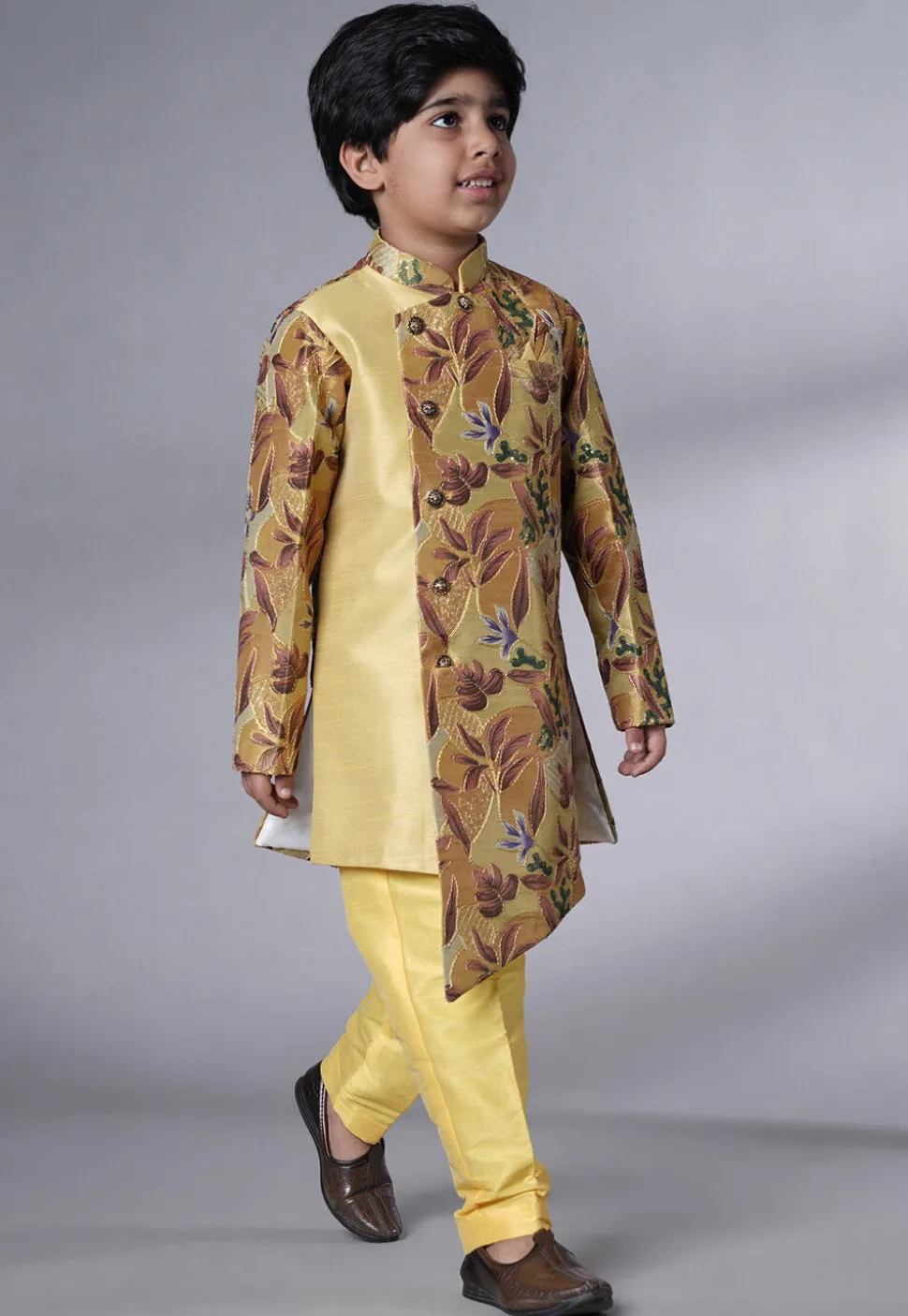 Digital Printed Dupion Silk Sherwani Set in Beige