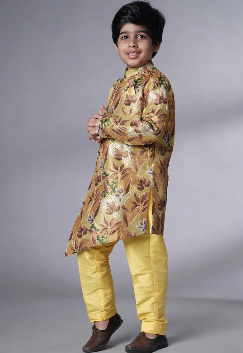 Digital Printed Dupion Silk Sherwani Set in Beige