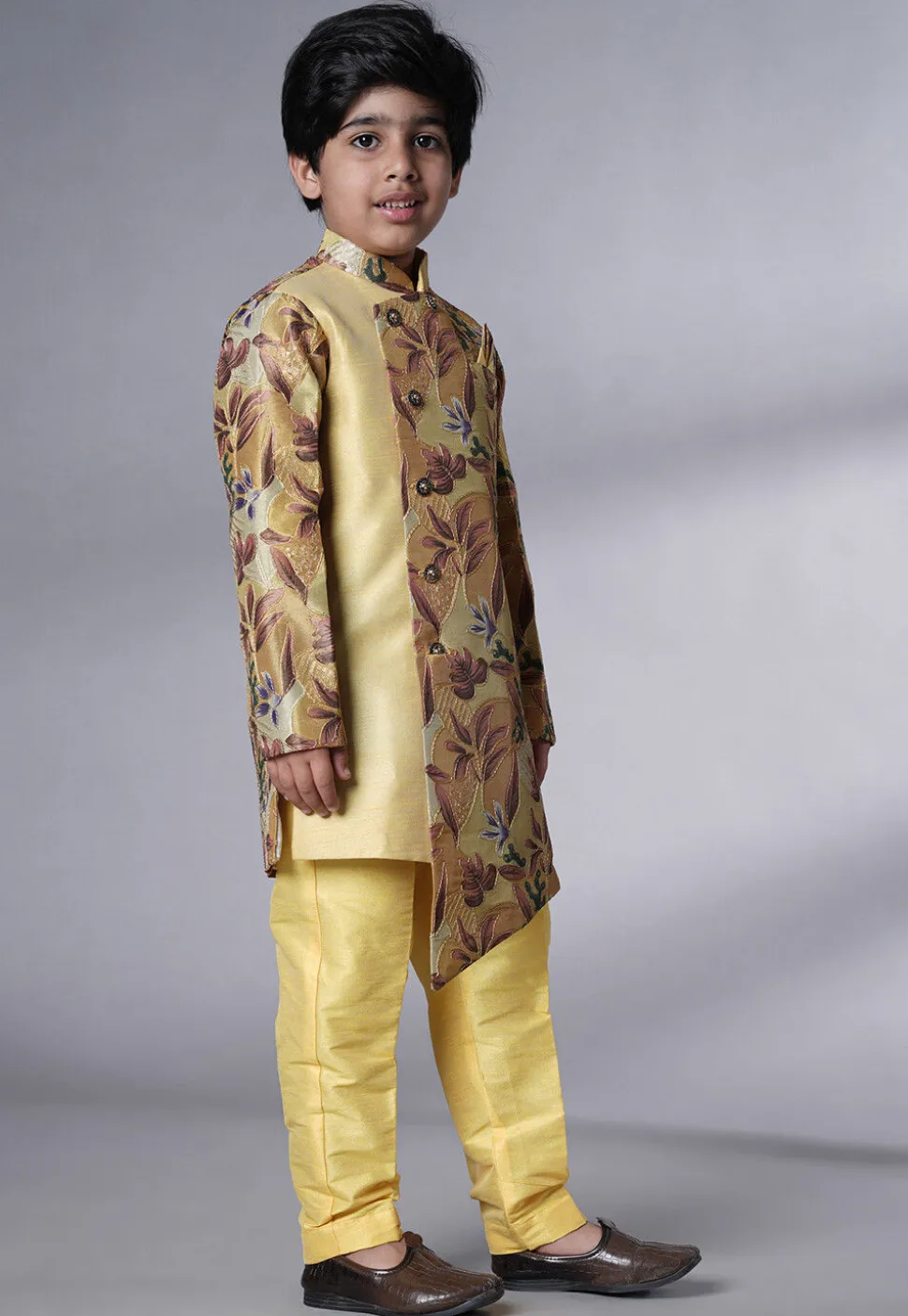 Digital Printed Dupion Silk Sherwani Set in Beige