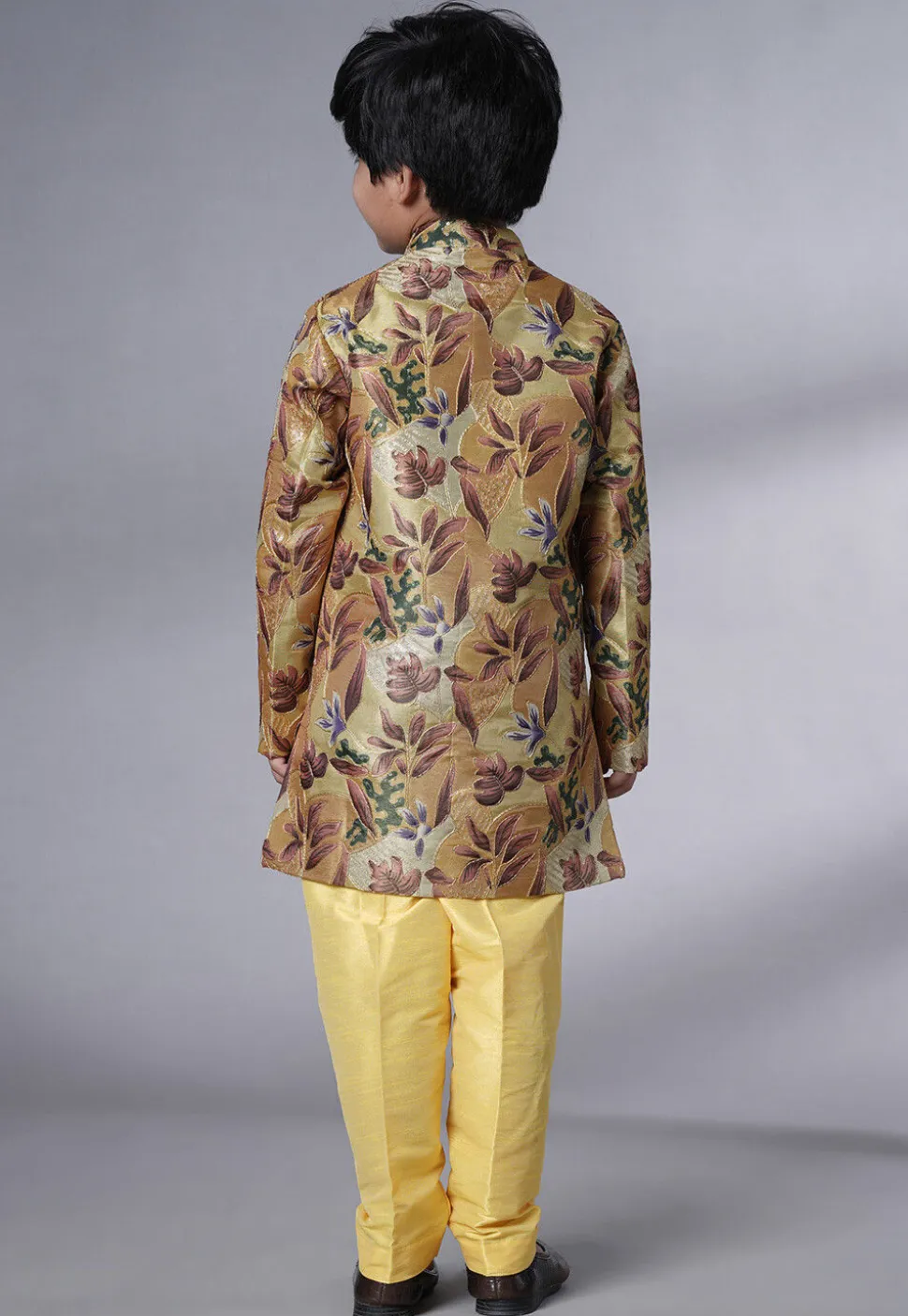 Digital Printed Dupion Silk Sherwani Set in Beige