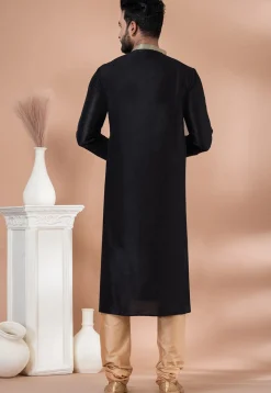 Digital Printed Dupion Silk Kurta Set in Black