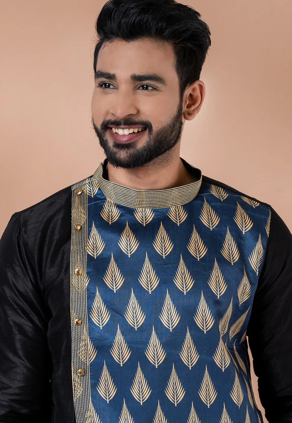 Digital Printed Dupion Silk Kurta Set in Black
