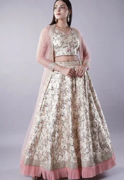 Digital Printed Dupion Silk Crop Top Set in Beige