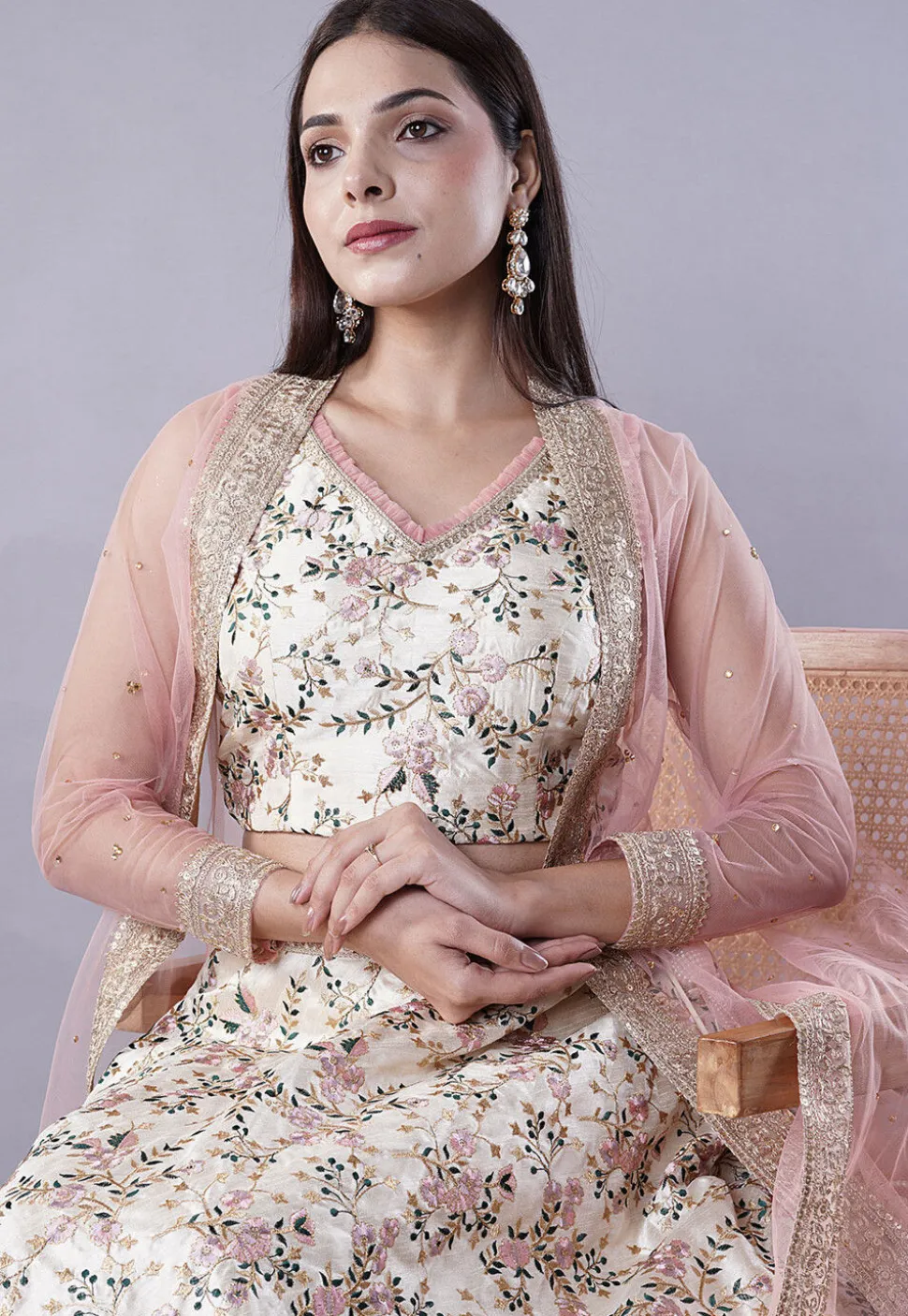 Digital Printed Dupion Silk Crop Top Set in Beige
