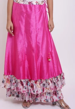 Digital Printed Dupion Silk Layered Ruffled Skirt in Fuchsia