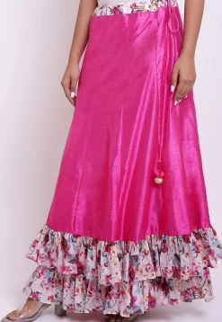 Digital Printed Dupion Silk Layered Ruffled Skirt in Fuchsia