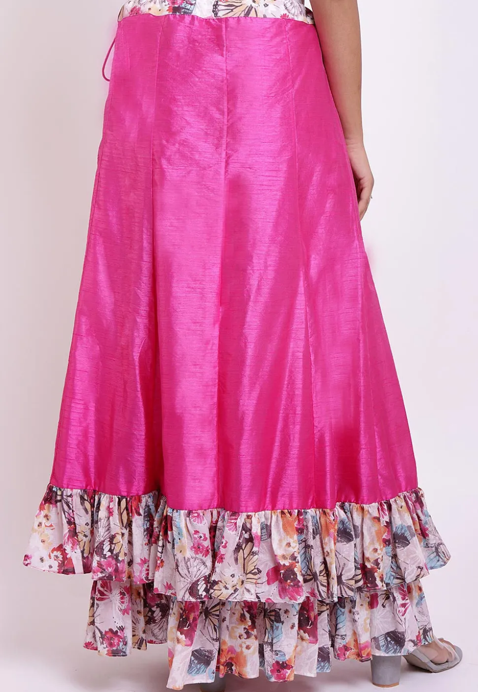 Digital Printed Dupion Silk Layered Ruffled Skirt in Fuchsia