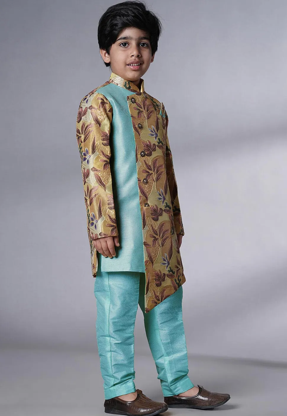 Digital Printed Dupion Silk Sherwani Set in Beige and Blue