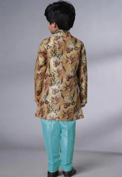 Digital Printed Dupion Silk Sherwani Set in Beige and Blue