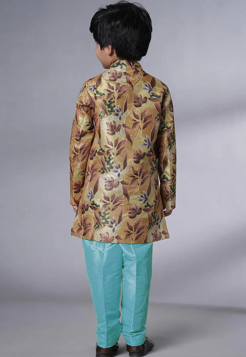 Digital Printed Dupion Silk Sherwani Set in Beige and Blue