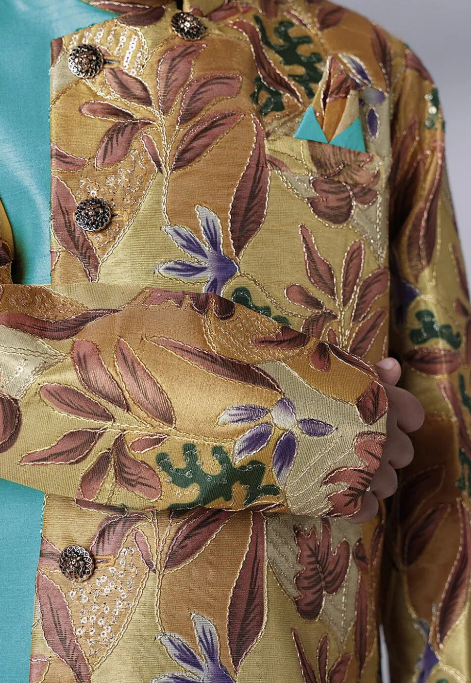 Digital Printed Dupion Silk Sherwani Set in Beige and Blue