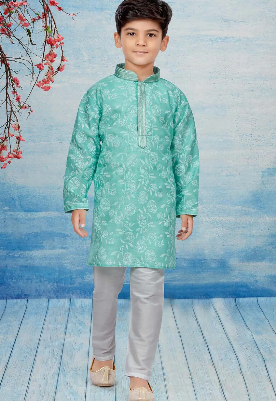 Digital Printed Dupion Silk Kurta Set in Sea Green