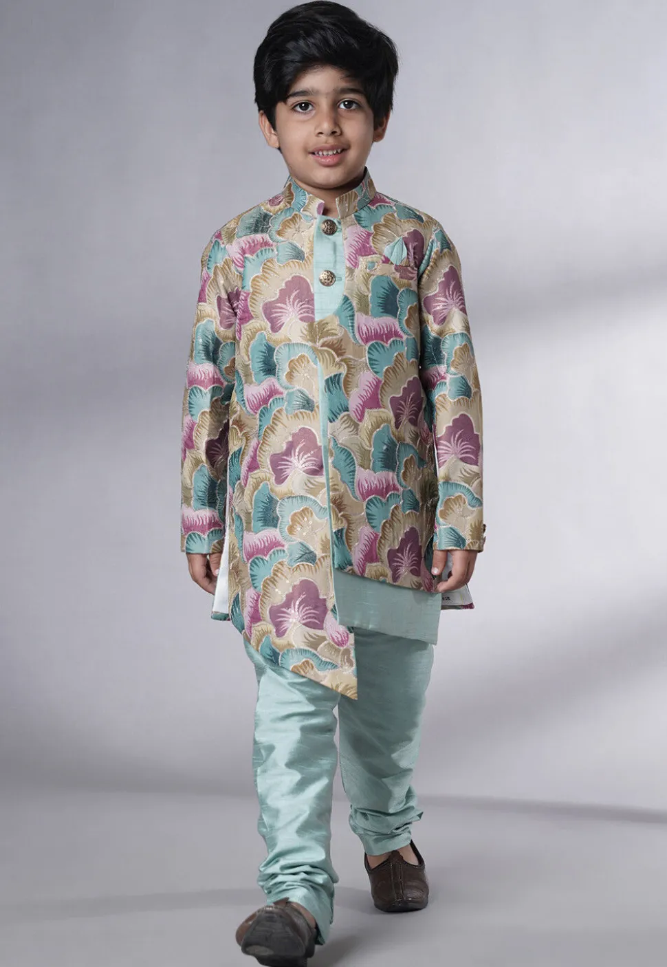 Digital Printed Dupion Silk Sherwani Set in Multicolor