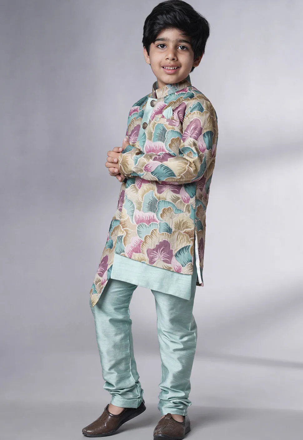 Digital Printed Dupion Silk Sherwani Set in Multicolor