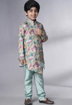 Digital Printed Dupion Silk Sherwani Set in Multicolor
