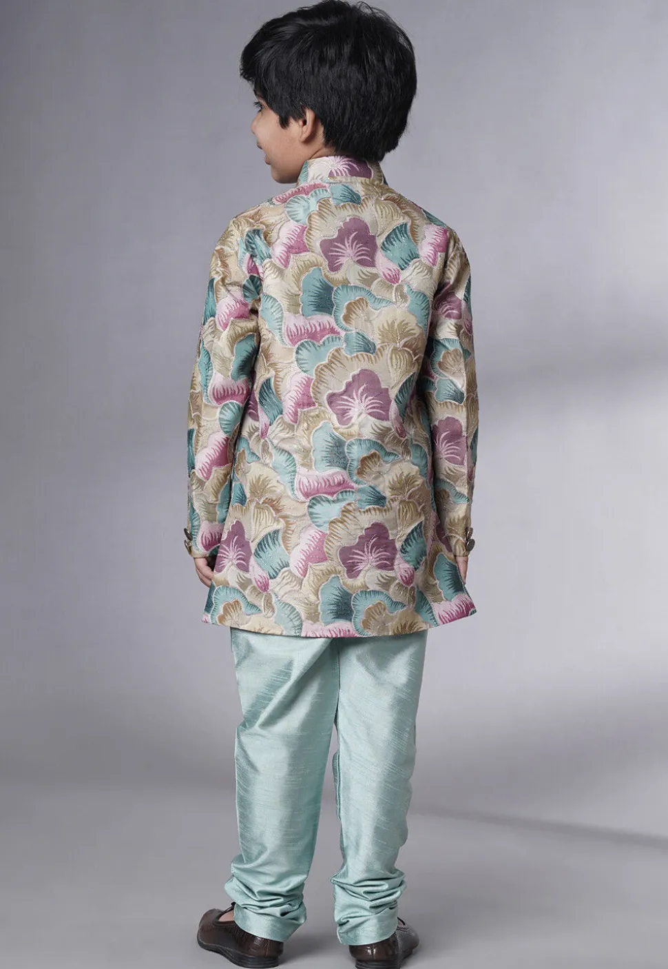 Digital Printed Dupion Silk Sherwani Set in Multicolor