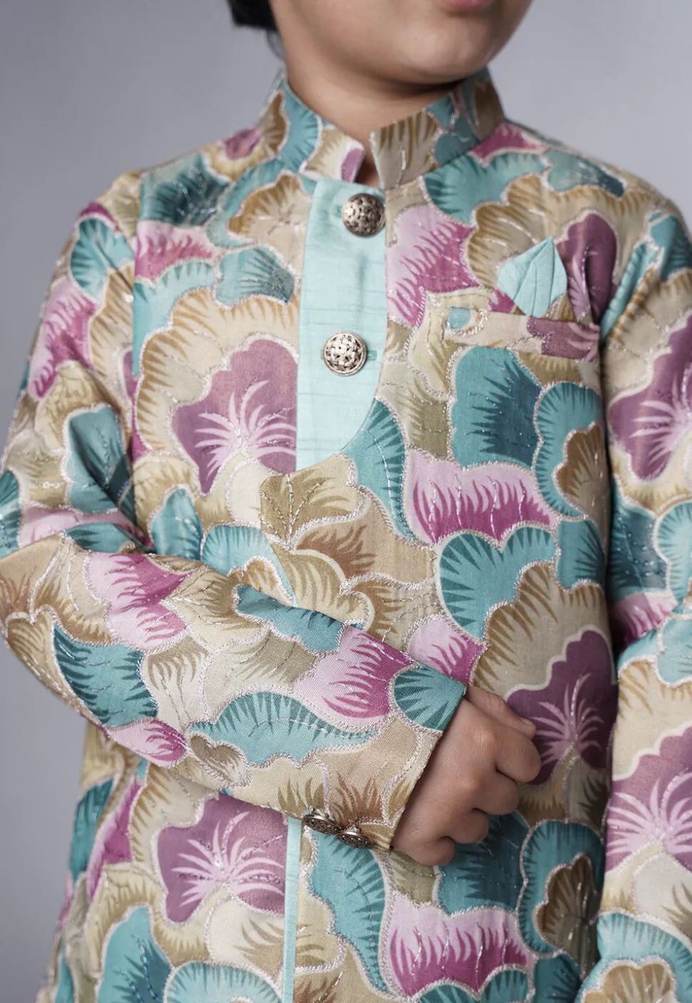 Digital Printed Dupion Silk Sherwani Set in Multicolor