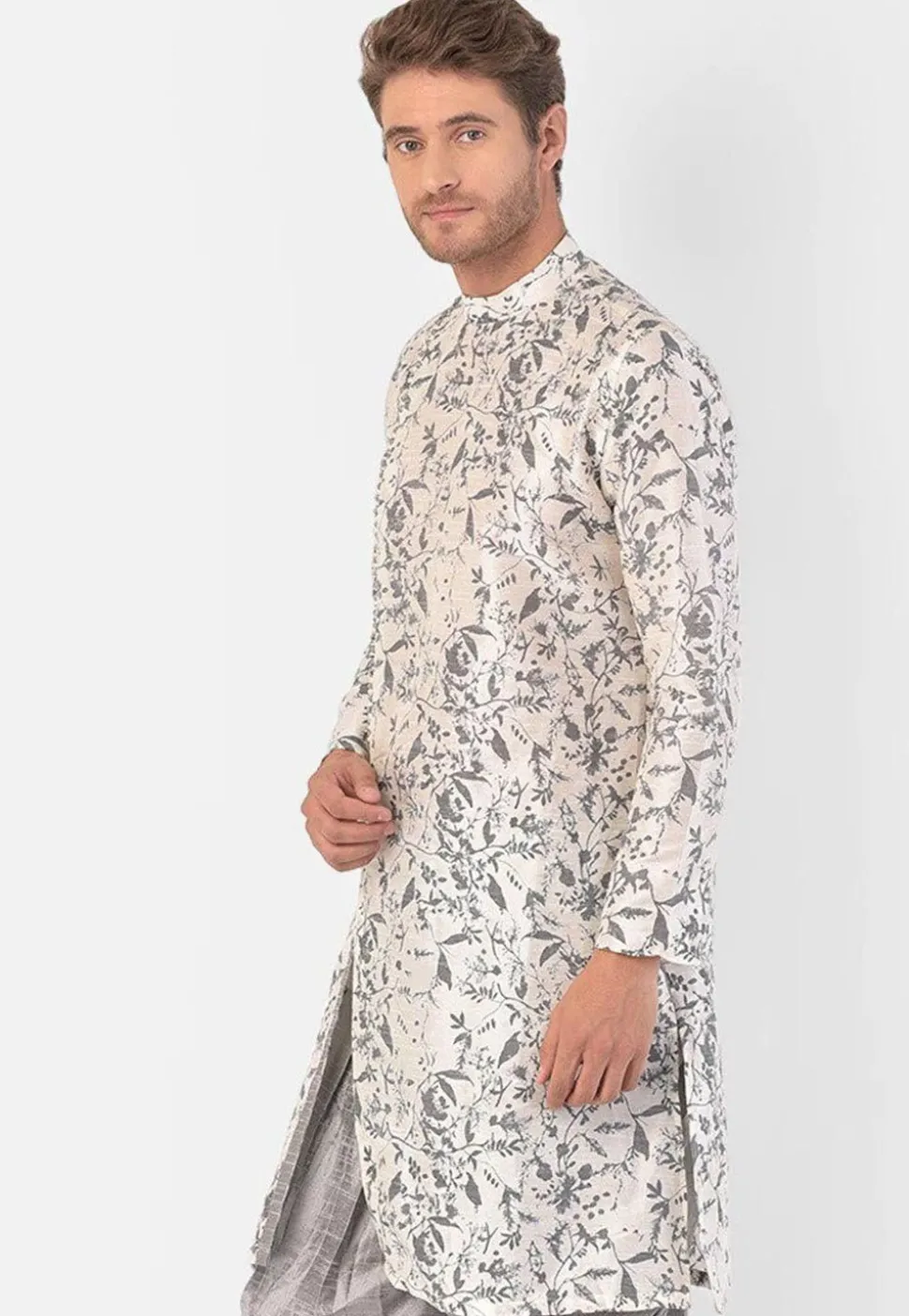 Digital Printed Dupion Silk Kurta in Off White