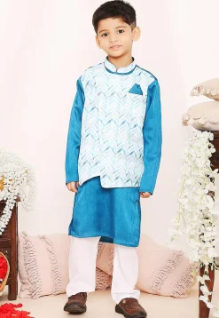 Digital Printed Dupion Silk Jacket Style Kurta Set in Blue