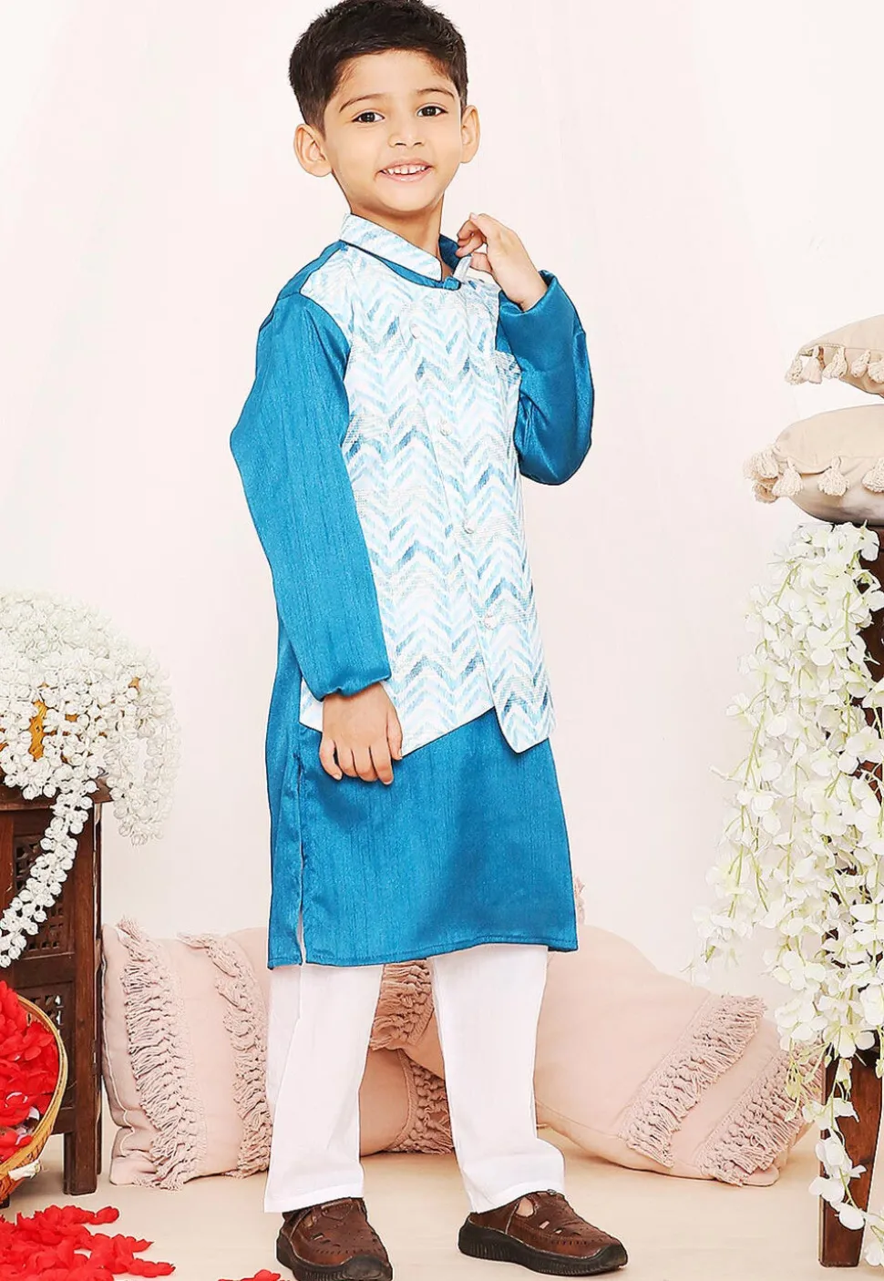 Digital Printed Dupion Silk Jacket Style Kurta Set in Blue